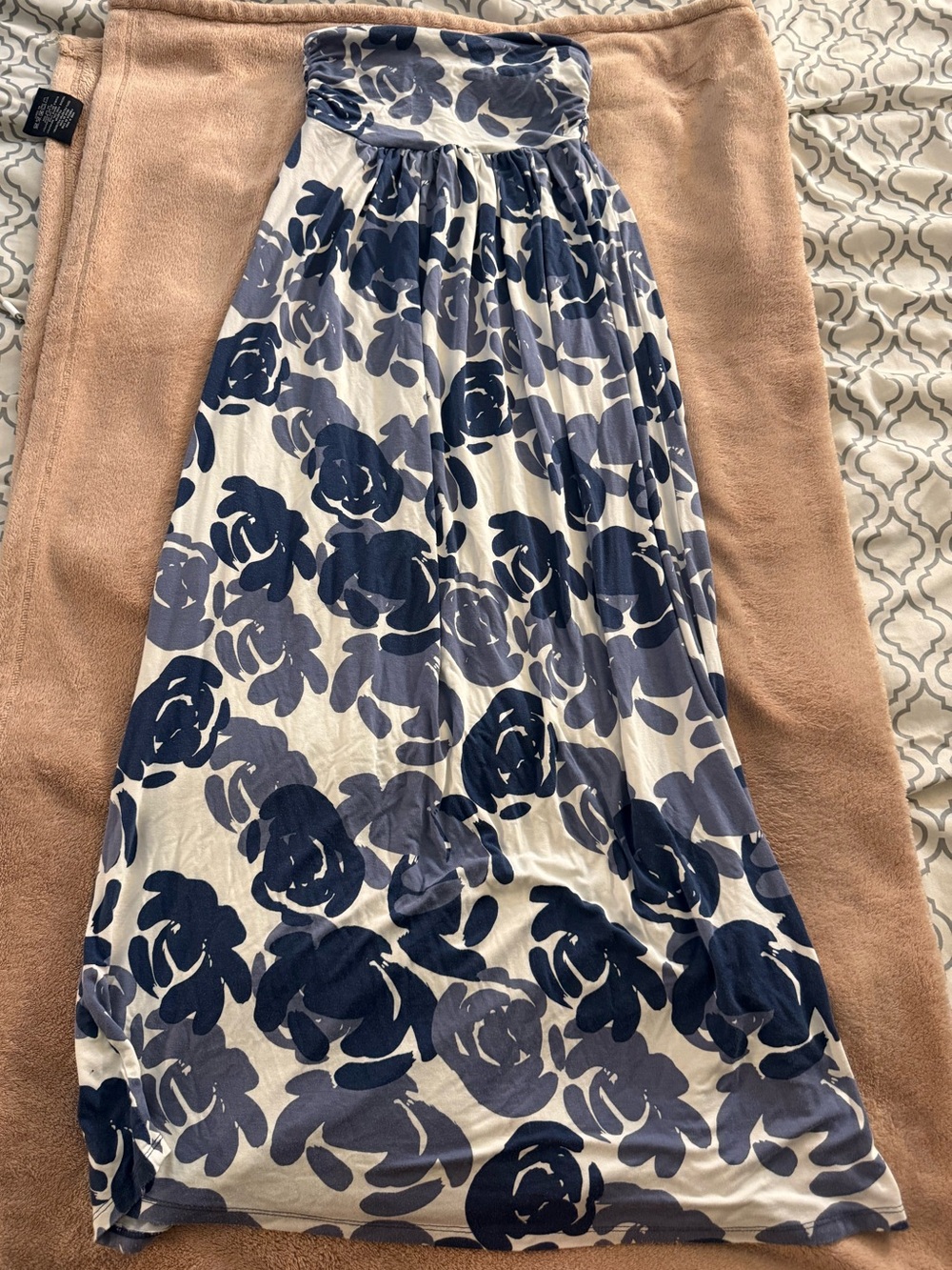 Strapless Floral Maxi Dress - Navy and Light Gray